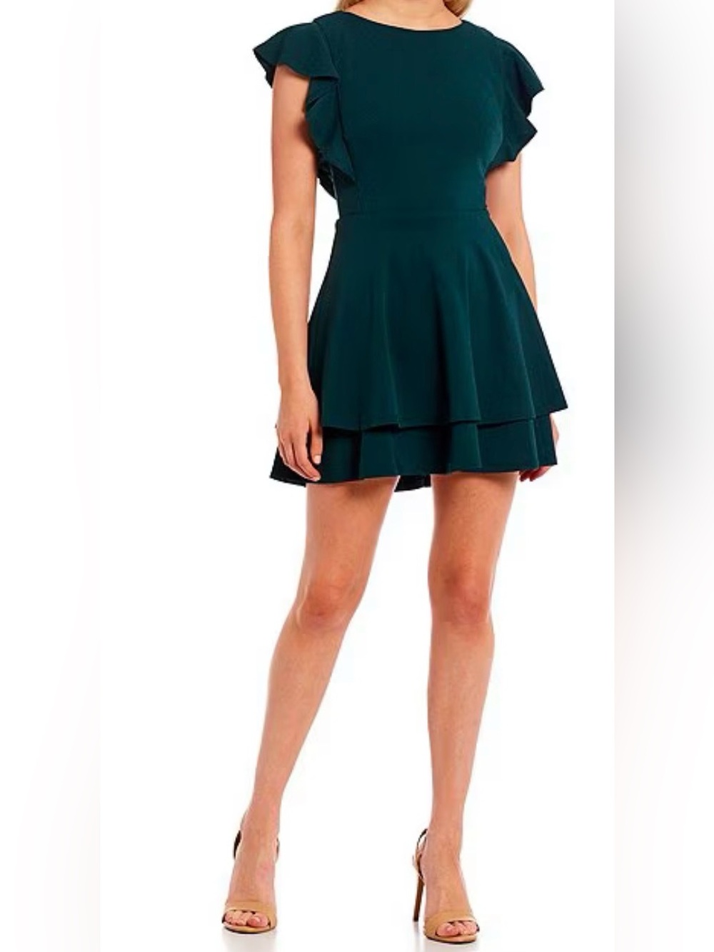 Midnight Doll Textured Green Ruffle Sleeve Mini Dress